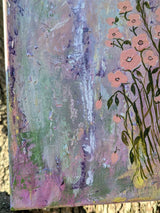 A close-up of bottom left corner showing textured details on canvas featuring various color hues and textures.