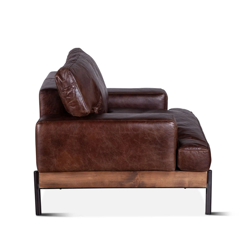 rustic brown leather armchair with wood frame and metal legs - right side