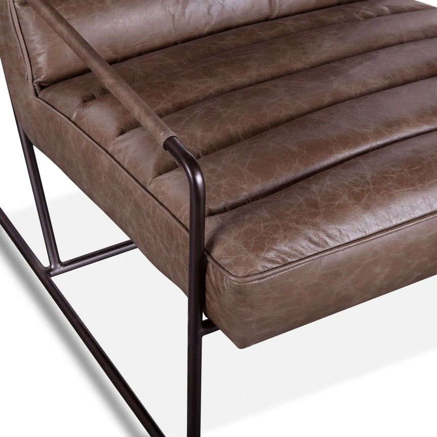 armchair in london gray leather with metal frame and leather wrapped arms - seat cushion close-up