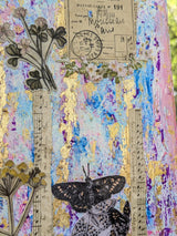 Original mixed media canvas collage close-up of vertical gold leaf foil streaks