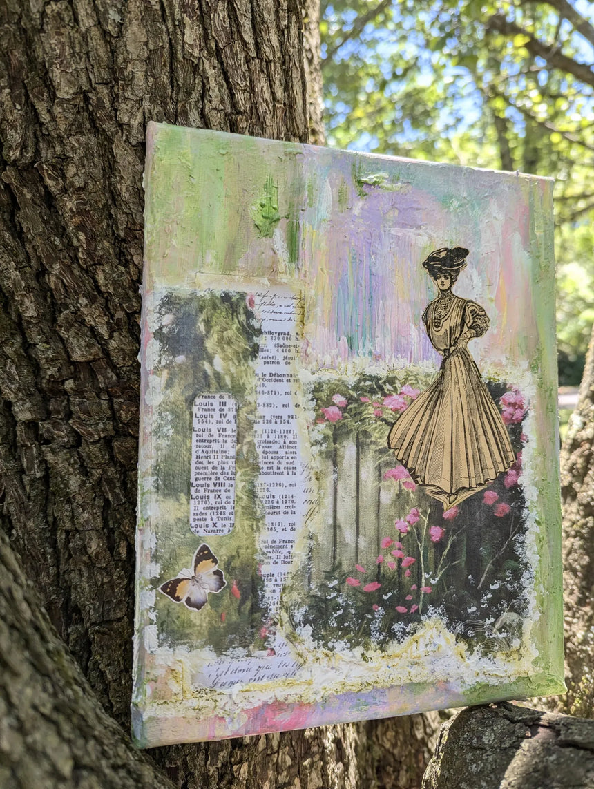Original artistic collage depiction of a woman in a garden on a textured surface shown against a natural tree in the background