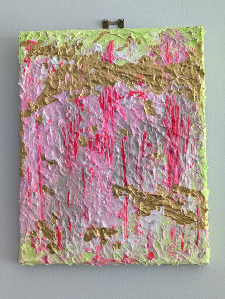 Original abstract art piece with pink and gold brushstrokes on a white background
