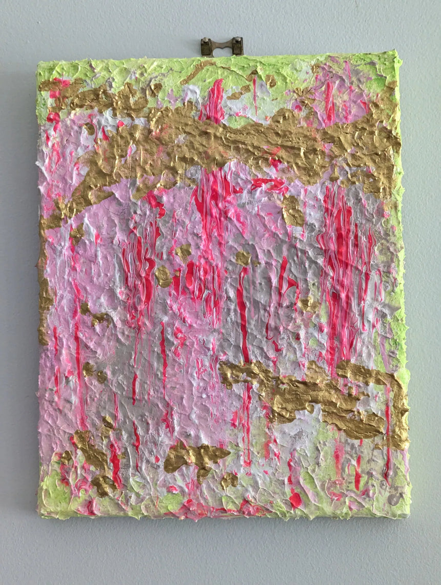 Original abstract art piece with pink and gold brushstrokes on a white background