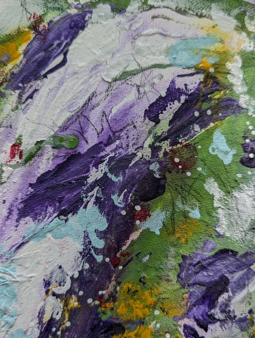 Original abstract artwork with a mix of purple, green and yellow colors on a textured surface.