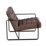 armchair in london gray leather with metal frame and leather wrapped arms - right side