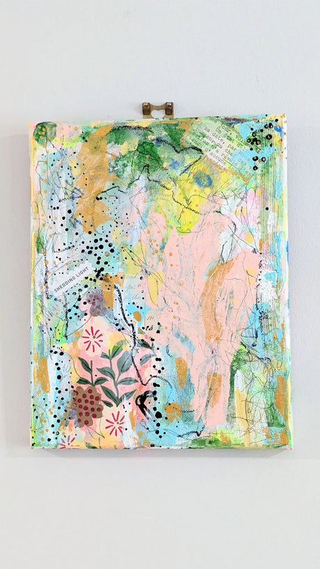Abstract painting with colorful floral and abstract shapes on a light gray background