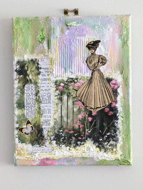 Original collage art with a woman in a vintage dress, flowers and text on a white wall background