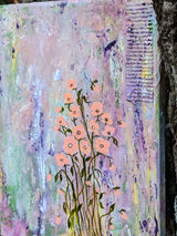 Close-up of right edge of canvas showing textured details of this acrylic and gouache botanical and abstract painting.