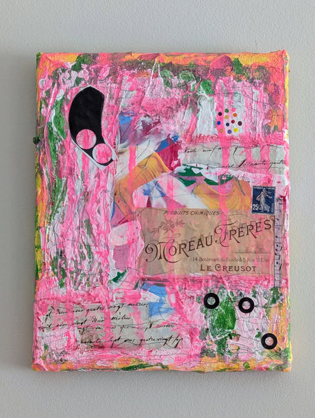 Colorful original art piece by Rhônya Obst with acrylics and text against a gray background