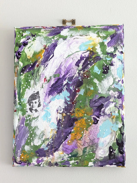 Original abstract painting with purple, green, white and orange on a white background