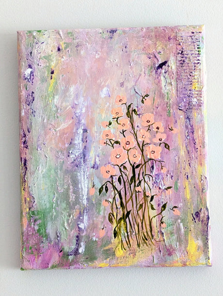 An abstract textured canvas painting featuring a central cluster of light peach color flowers with green stems against a pastel background of pink, purple, and green brushstrokes.