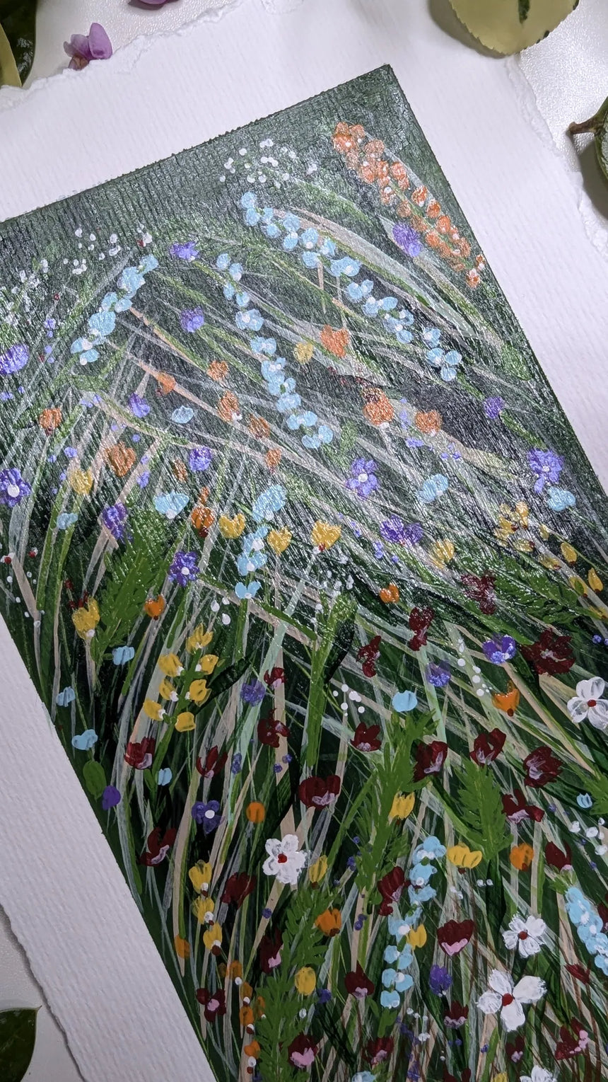abstract acrylic study of wild botanicals - mid close-up view