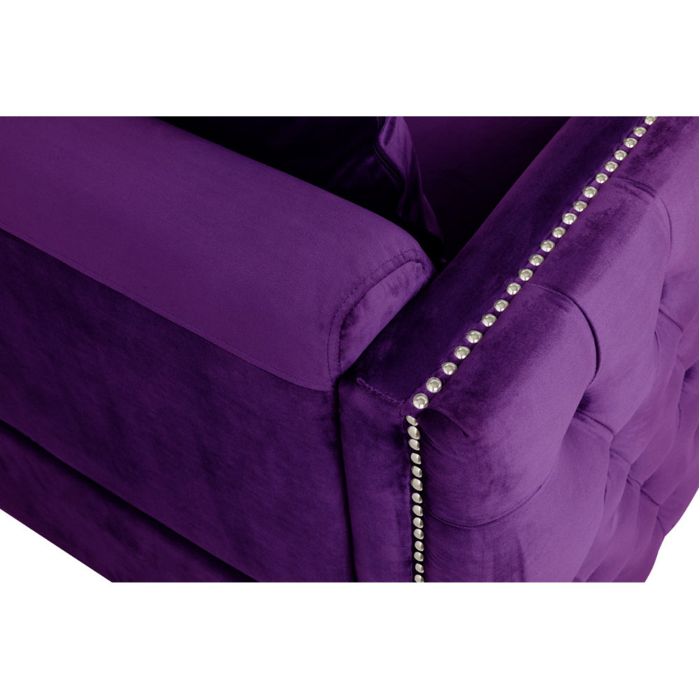 close-up of purple sofa's arm and backrest