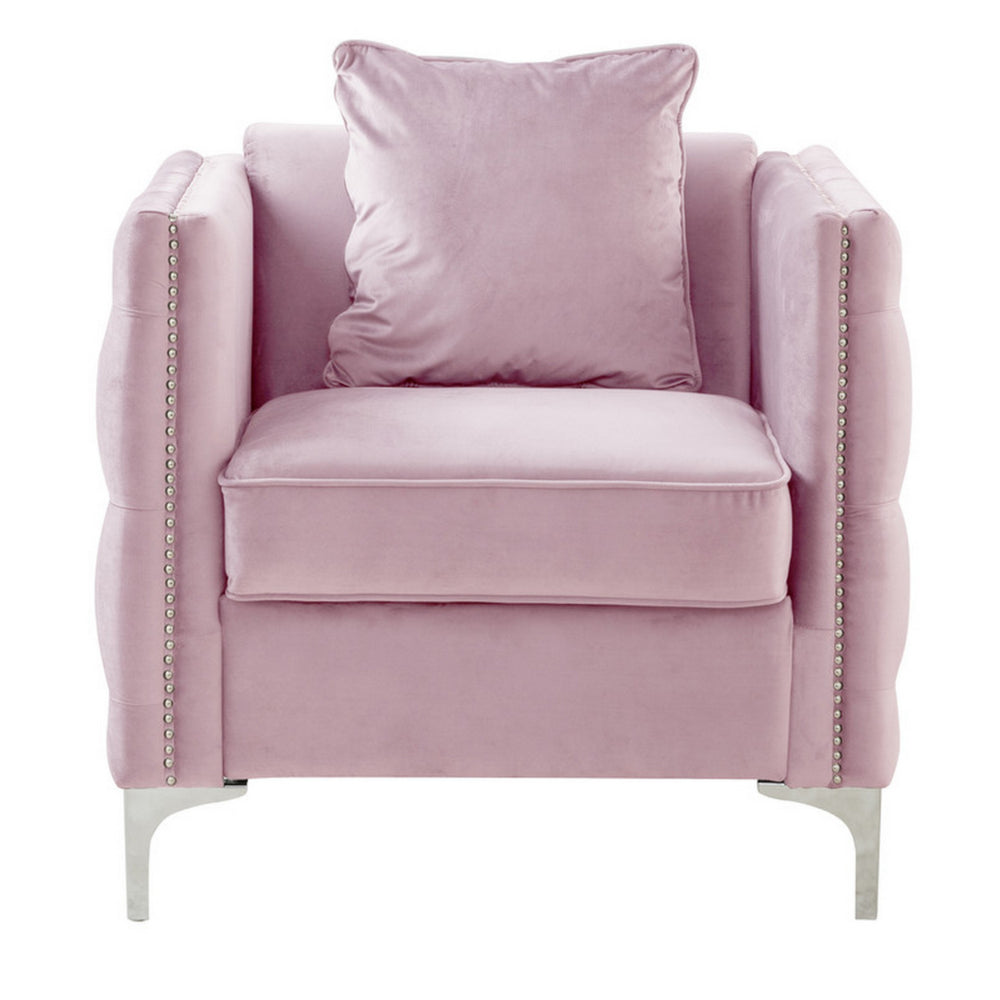 pink velvet sofa chair with loose pillow - front view