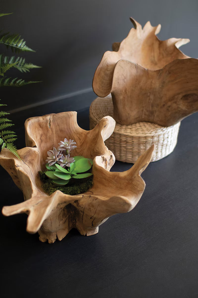 Wooden planters with natural textures on a dark surface