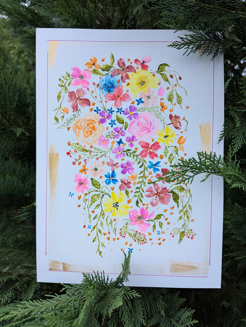 Original watercolor painting showing various blossoms and branches in vibrant color