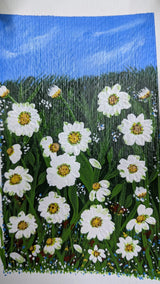 acrylic painting study of field of daisies beneath blue skies - close-up view
