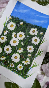 acrylic painting study of field of daisies beneath blue skies - slanted right view