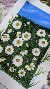 acrylic painting study of field of daisies beneath blue skies - slanted right view 2