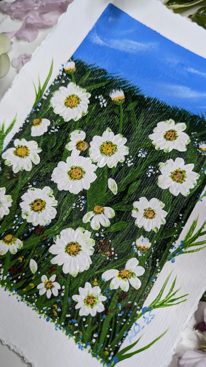 acrylic painting study of field of daisies beneath blue skies - slanted right view 2