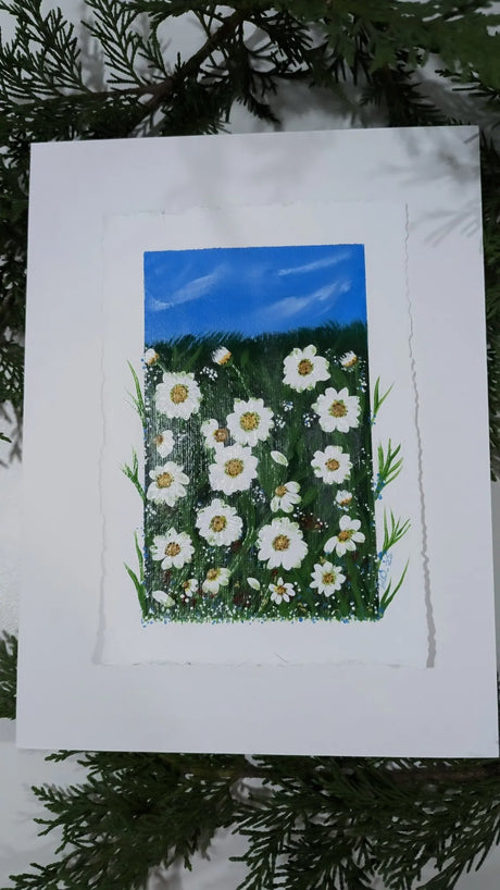 acrylic blue sky & white daisies study painting mounted on float-mat