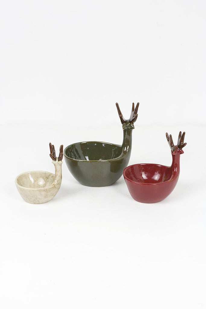 set of 3 ceramic deer bowls of different sizes in green, red and off-white colors - rear view