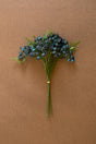 Bouquet of blue flowers with green stems on a brown background