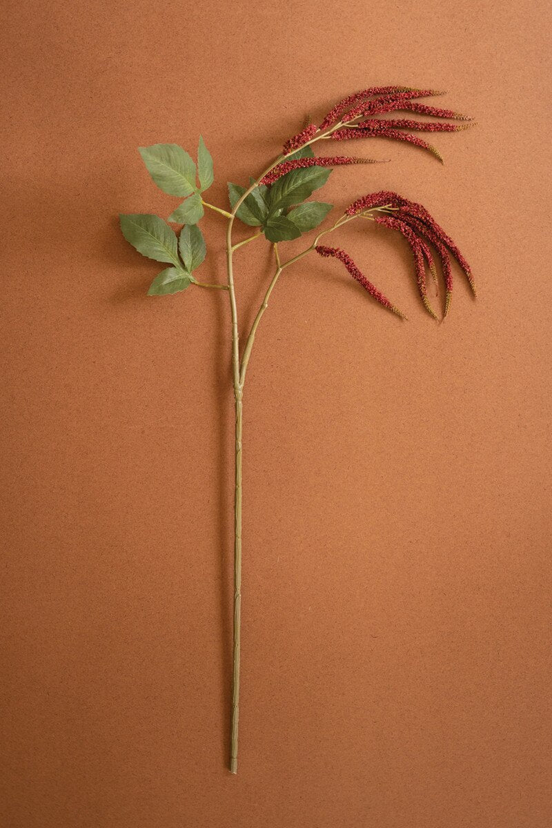 artificial amaranthus spray with crimson flower and green leaves on long stem