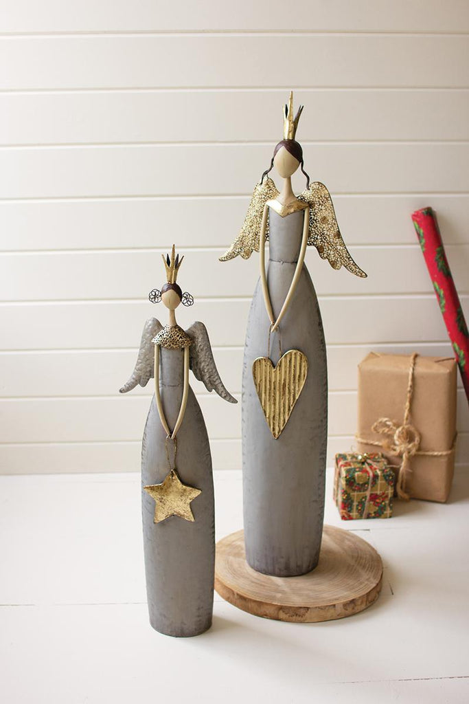 set of 2 gold and gray angles of different height - one carries a star, the other carries a heart