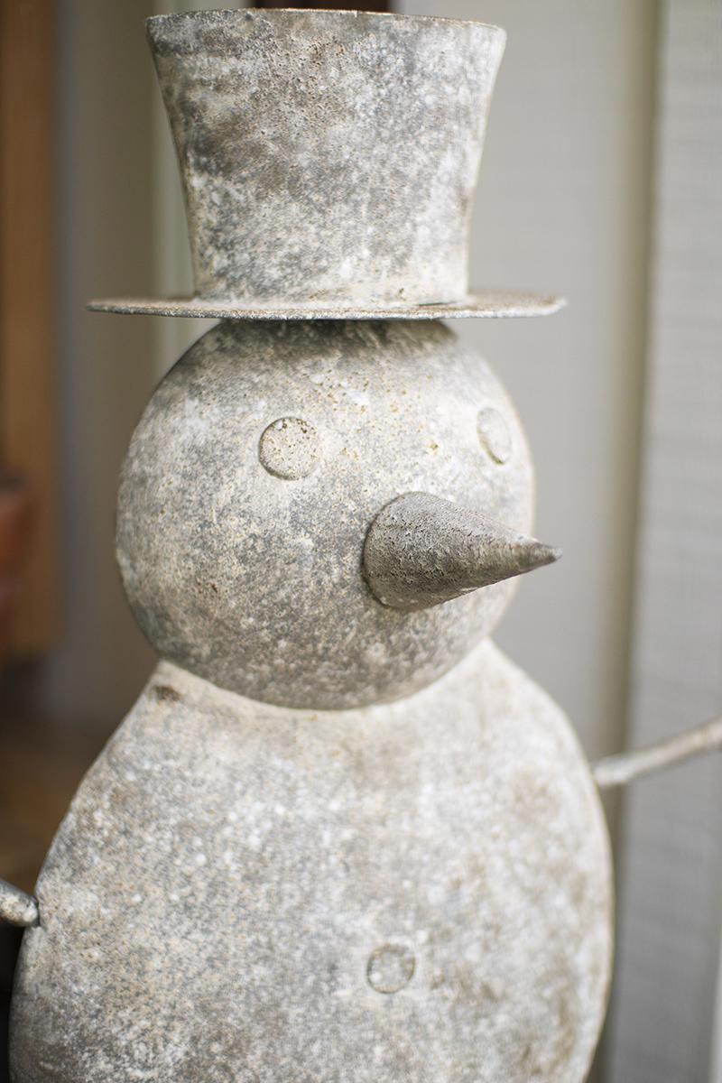 close-up of metal snowman's face and top hat