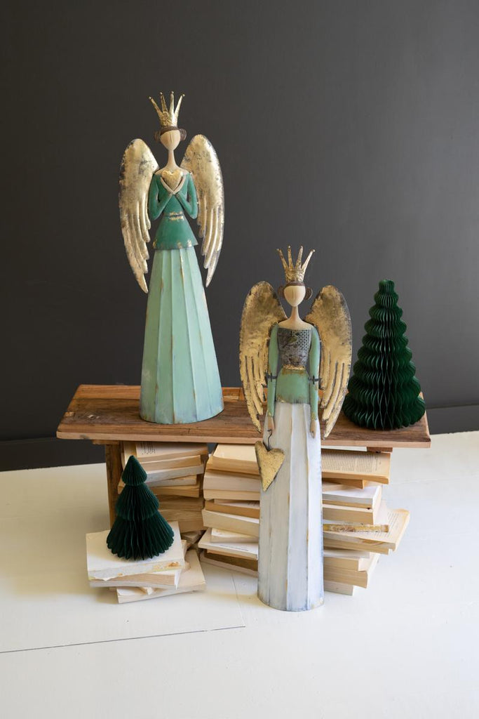 set of 2 painted metal christmas angels, one with jade the other with white skirt