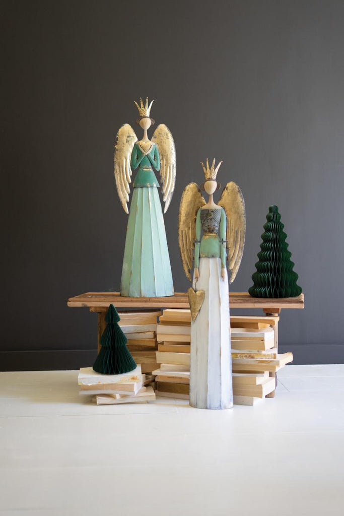 set of 2 painted metal christmas angels, one with jade the other with white skirt - viewed from a distance