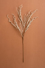 A single dried decorative branch with thin, wispy off-white fronds on a long brown stem, photographed against a solid warm terracotta background.