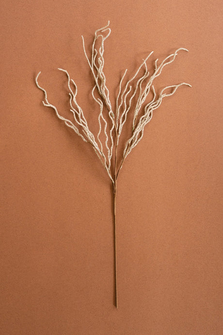 A single dried decorative branch with thin, wispy off-white fronds on a long brown stem, photographed against a solid warm terracotta background.