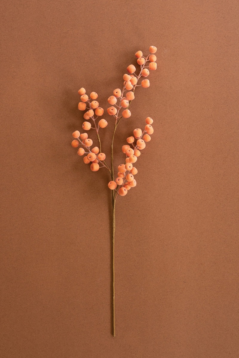 A single stem of dried orange berries with a long brown stem, photographed against a solid warm brown background.