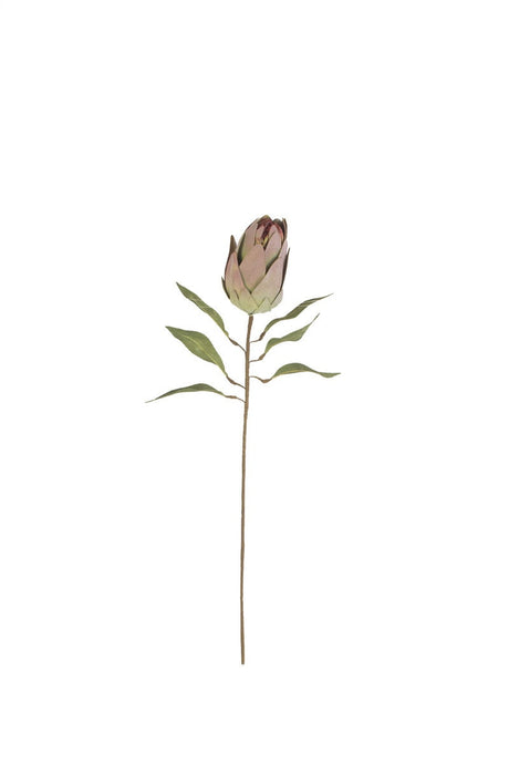 A single artificial protea flower stem with a pale pink bud, green leaves, and a brown stem, isolated on a white background.