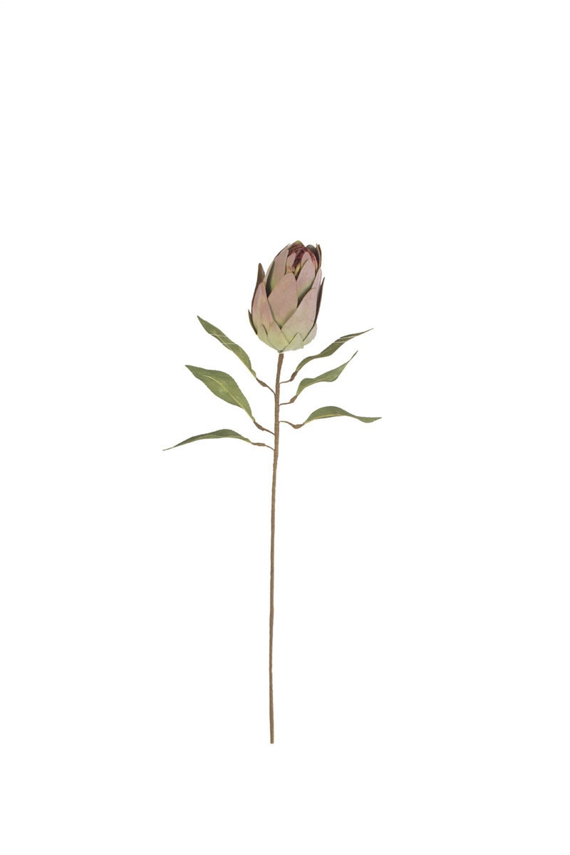A single artificial protea flower stem with a pale pink bud, green leaves, and a brown stem, isolated on a white background.