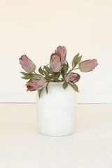 A white ceramic vase holding a bouquet of dried protea-style flowers with muted pink petals and green leaves, set against a plain off-white background.