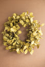 An artificial eucalyptus wreath in muted olive green and yellow-green tones, displayed against a solid brown background.
