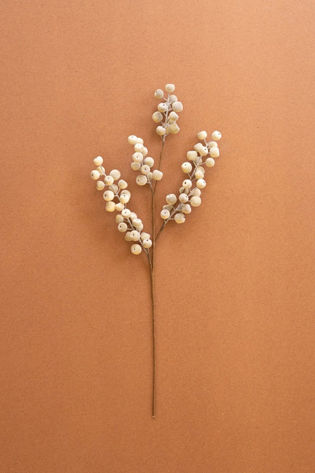 A decorative faux floral stem with clusters of small off-white pearl-like berries on a thin brown stem, photographed against a solid warm terracotta background.