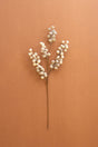 A decorative faux floral stem with clusters of small off-white pearl-like berries on a thin brown stem, photographed against a solid warm terracotta background.
