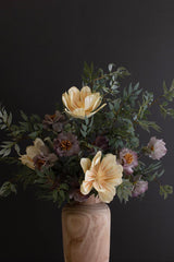 artificial plant with white and faint blue blossoms made with latex rubber - shown in wood vase sample flower arrangement