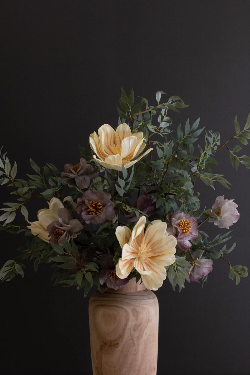 artificial plant with white and faint blue blossoms made with latex rubber - shown in wood vase sample flower arrangement