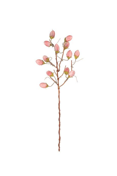 Artificial flower branch with pink buds on a white background