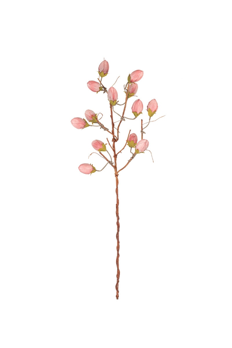 Artificial flower branch with pink buds on a white background