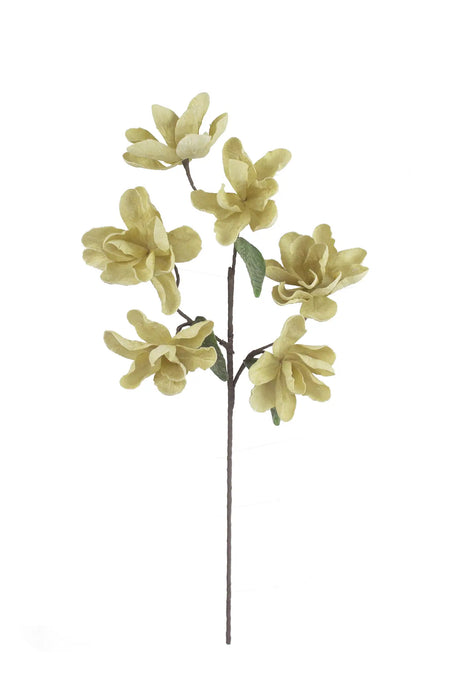 A single artificial flower stem with five pale yellow blossoms and small green leaves on a plain white background.