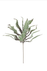 An artificial green cactus stem with multiple spiky, jagged leaves, isolated on a solid white background.