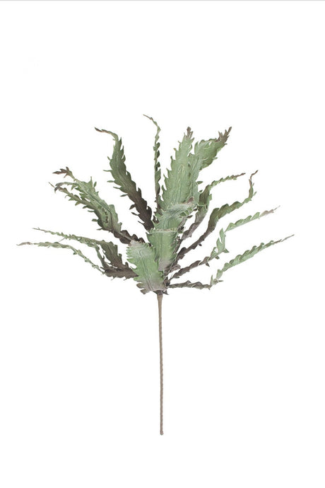 An artificial green cactus stem with multiple spiky, jagged leaves, isolated on a solid white background.
