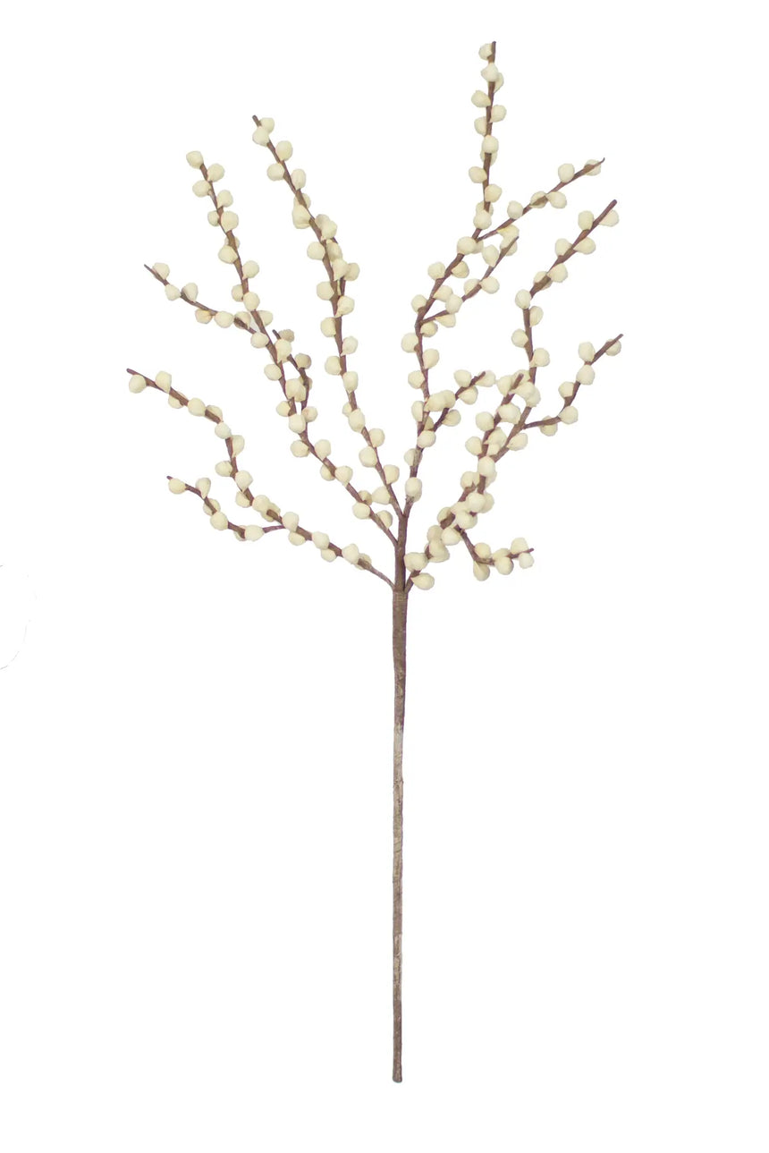 Decorative branch with small white buds on a white background