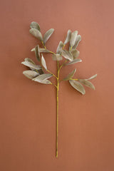 A single artificial eucalyptus branch with muted sage-green leaves and a yellow stem, displayed against a solid terracotta background.